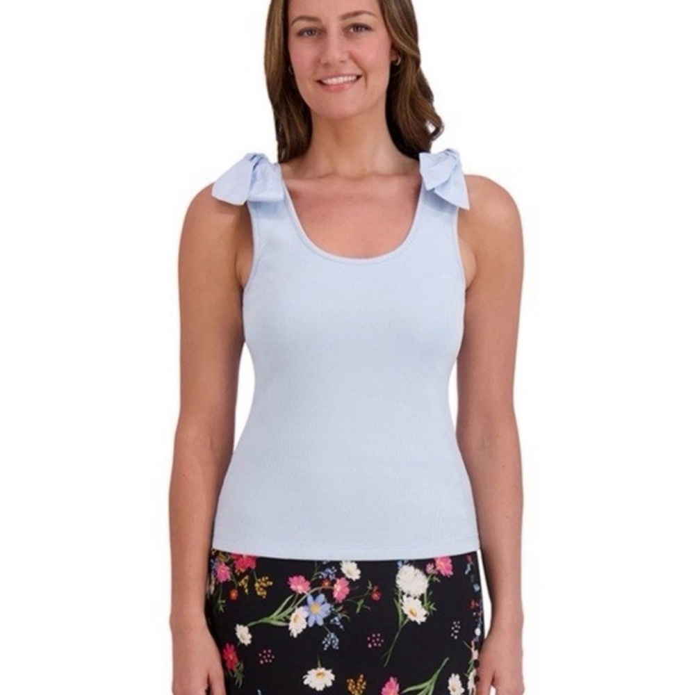 French Connection Pale Blue Ribbed Tank with Bow Straps